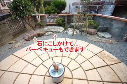 石にこしかけてバーベキューもできます～相続した古い庭を空き家にせず、おしゃれなドッグランにリフォーム！管理の楽な庭に～神奈川県藤沢市の造園業者・外構業者