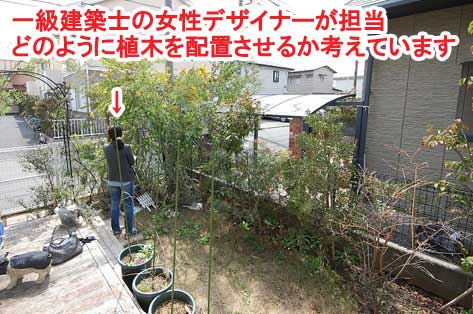 一級建築士の女性デザイナーが担当どのように植木を配置させるか考えています～神奈川県藤沢市Ｔ様事例　芝生の庭を後悔、芝生をやめたい。ウッドデッキで芝生の庭をリフォーム