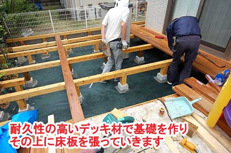 耐久性の高いデッキ材で基礎を作りその上に床板を張っていきます～神奈川県藤沢市Ｔ様事例　芝生の庭を後悔、芝生をやめたい。ウッドデッキで芝生の庭をリフォーム