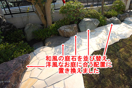 和風の庭石を並び替え洋風なお庭に合う配置に置き換えました　神奈川県藤沢市Ｔ様事例～芝生を植えたい・芝生を残したい庭におすすめ。管理と手入れが楽な天然芝生の庭