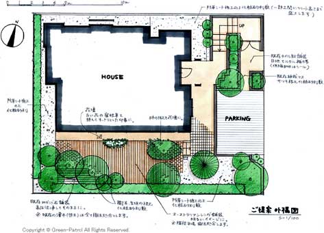 レンガ張りの見て楽しいお庭のレイアウトご提案プラン　神奈川県 横浜市 雑草対策 レンガ張り 造園、おしゃれな広いお庭 レイアウト