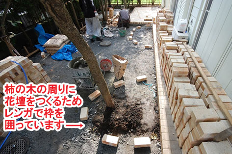 柿の木の周りに花壇をつくるためレンガで枠を囲っています　神奈川県 横浜市 雑草対策 レンガ張り 造園、おしゃれな広いお庭 レイアウト