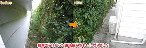 雑草だらけだった路地庭がきれいになりました　神奈川県 横浜市 雑草対策 レンガ張り 造園、おしゃれな広いお庭 レイアウト