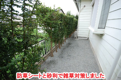 防草シートと砂利で雑草対策しました　神奈川県 横浜市 雑草対策 レンガ張り 造園、おしゃれな広いお庭 レイアウト